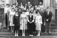 Pedagogical staff of the elementary school in Hradební; Jindřich Novotný completely right, taken in 1982