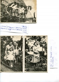 Mother Irena, with children Eva and Vladimír. Mom Irena with daughter Eva. Children from the neighborhood- (right) Alex Pasternák, Gizka Weinerová, Anton Pasternák, Eva Adamíková, Vladimír Adamík.

