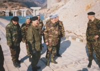 Neretva - pontoon bridge built by the Slovak battalion. In the background, the destroyed original bridge.