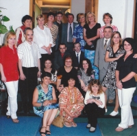 Teachers from the 3rd Elementary Art School in Plzeň-Skvrňany; centre: J. Weinerová, Eva Rovenská is at bottom, wearing her favourite dress