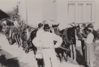 Antonín Konečný, back, during the Maypole building in Milokošt'