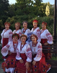 Stage costumes designed by Zenoviia Shulha for the Ukrainian Song Ensemble "Kupava" (Surgut, Russian Federation). Hand embroidery, handicraft weaving, modeling, 2012