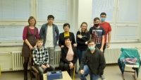 Hana Bubníková (bottom centre) and Jiřina Langová with the student team during the recording for the Stories of Our Neighbours project, 2021