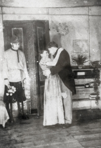 The amateur theatre in Lodenice, where Jaroslav Losert and his brother Stanislav (the lover is most probably brother Stanislav Losert) played, hall of the pub at Petrečka, 1955