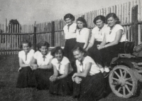 Girls from Loděnice, ready to dance (on the top right is the sister of the witness's wife Marie Gabajová, maiden name Pavlorková), ca. late 1950s