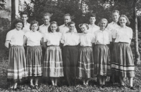 Youth from Loděnice, ready to dance, in the bottom row second from the left is Marie Pavlorková, sister of Jaroslav Losert's wife, late 1950s