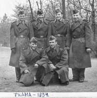 Jaroslav Losert at the army (squatting first from the right), Prague, ca. 1954