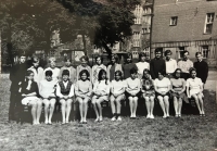 Class photo from the Secondary General Education School, 2nd year (Alexander is standing on the right, classmate Hana Špičková Juptnerová is sitting fourth from the right), Vrchlabí, 1969