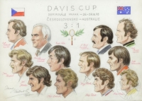 Jiří Hřebec (vlevo dole) na karikatuře k mezipásmovému semifinále Davisova poháru v roce 1975