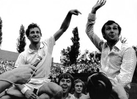 1971, Jan Kodeš and František Pála Sr. celebrate their Davis Cup victory over Spain at Prague's Štvanice. Jiří Hřebec was a substitute in the team at that time