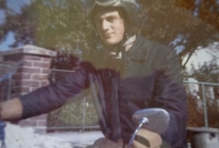 Vladimír Frenzl on his new motorcycle Bizon, which he bought for 11 400 crowns (1972)