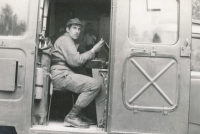 Tomáš Finger in a military radio car in 1975 during his service in the motor artillery regiment in Benesov near Prague