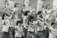 Czechoslovak field hockey players at the opening ceremony of the 1980 Olympics in Moscow. Alena Mejzlikova is in the bottom centre in front of the imaginary canopy of flowers