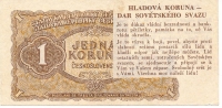 Hladová koruna - a gift from the Soviet Union - a copy of a koruna banknote sent by balloons to the Czech territory by the radio station Radio Free Europe after the monetary reform in 1953. On the banknote was the text: It is proof of the government's cluelessness and the bankruptcy of the Five-Year Plan, a reminder of what the government has robbed you of.  It is a call to struggle, a command to oppose the weakness of the regime with the strength of the people and to resist as best you can. The people of other countries, enslaved by the Soviet Union, will unite and join you in your struggle. The free world is with you. All power belongs to the people!
