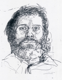 Self-portrait of Pavel Novák, pen drawing, poster for the exhibition, ca. 1996