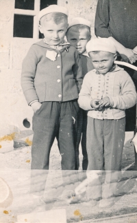 Frantisek Novotny (1st from right) with friends in Závratec around 1965