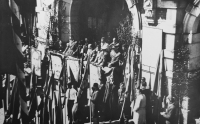 A view of the town hall during the May Day celebrations in Frýdlant in 1948 (the poster on the left shows a portrait of Rudolf Slánský, General Secretary of the Communist Party of Czechoslovakia)