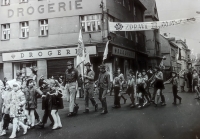 Scout leader Marbula led the Frýdlant Scouts in the May Day parade in 1970 to Frýdlant square