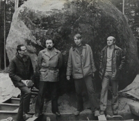 Jiří Kuboušek with colleagues from Stavoprojekt, moving a boulder from the Novohradské hory Mountains to the building of the Museum of the Workers' and Revolutionary Movement (now one of the buildings of the South Bohemian Library) in České Budějovice, 1978