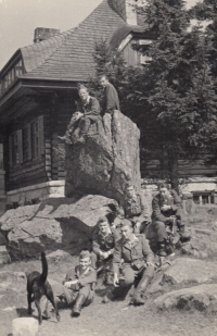 Jiří Kuboušek on a military training (first from the right), Klet, 1955