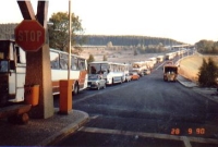 Border crossing Strážný-Philippsreut, queues of cars and buses after the opening of the border, 1990