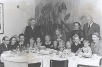 Birthday celebration of maternal grandmother Bela Beránková (centre) with all her children, partners and grandchildren, 1951