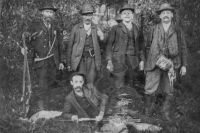 Josef Mašek (born 1864), great-grandfather of Václav Myslivec on his mother's side, pictured in 1925 with fellow hunters. Standing second from the left