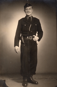 Jan Hradecký, the witness's father in police uniform just after the war, Hraničná