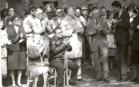 Celebration of May 1, 1990 in the town gardens in Chrudim. From right František Postupa, next to him František Přeučil, Czech politician tried in the trial of Milada Horáková