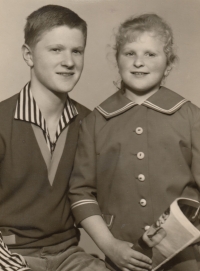 Jaroslav Dopita with sister Věra shortly after their father's release from prison in Jáchymov where he served a sentence for sedition, 1964