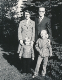 Anna Dusová with children Hana and Petr and husband Jaromír, who was just released from prison, 1973