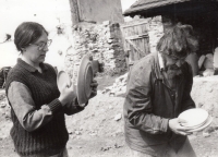 Jana Pešková at work with her husband Petr Pešek, Doberkovice mill, 1980s