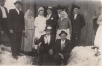 The wedding of his brother-in-law F. Bouda, the witness (below left) dressed as an old man, Gerník, 1960s