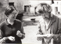 Jana Pešková with her husband Petr Pešek at work on a ceramic model of Český Krumlov, 1978