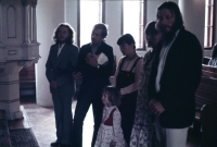 Christening of the Parkán children, from left Viktor Parkán, Václav Havel with little Havel, Olga Hochmannová, Petra Parkánová, František Hochmann, ca. 1983