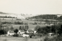 Leskovec nad Moravicí, pohled na domy č.p. 285 a 289, včetně reliéfu okolní krajiny, 1986