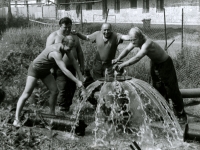 Miroslav Svoboda and his colleagues-pumpers during the opening of the well in Velim in 1986