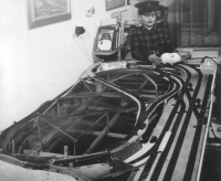 Jan Vaculík above the model railway, 1969
