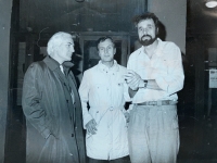 Karel Dlabola in 1990 with Mr. Šolc and Mr. Tuma, Civic Forum