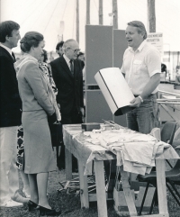 Bohumil Janoušek in 1977 during an interview with British Princess Anne. They met at a sports equipment exhibition where Bohumil Janoušek was showing off parts of rowing boats