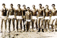 Bohumil Janoušek at the 1964 Summer Olympics in Tokyo, where the eight-man rowing team won bronze. Standing second from right