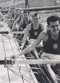 Bohumil Janoušek at the 1964 Summer Olympics in Tokyo, where the eight-man rowing team won bronze. Seated second from right