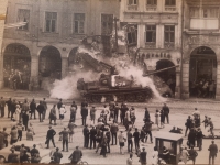 A Soviet tank crashed into the arcade at the Liberec town hall on 21 August 1968, killing