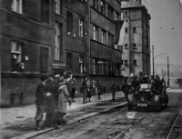 Street in Prague with a passing Red Army car