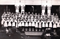 Yuri Galatenko's mother Larissa (eighth right in the front row) and father Yuri Galatenko (first right above) with the Philharmonic Orchestra / Kiev / about 1949