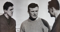 Václav Nedomanský (left) on the national team tour in Canada, 1963. On the left is Canadian defender McKenzie and on the right Czechoslovakian back Frantisek Tikal