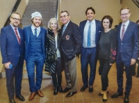 Václav Nedomanský (centre) with his wife Marcela and Czech hockey forward David Pastrňák (second from left) at a Czech celebration in Ottawa around 2020. To the right of Václav Nedomanský is opera singer David Plachetka