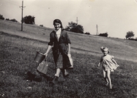 Ludmila Krystyníková, nee. Bartošková, on the photo on the left, Třemešek, 1956