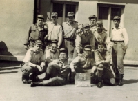 At the compulsory military service in Beroun (Jaroslav Javorský leaning with both hands on a sitting soldier), 1968