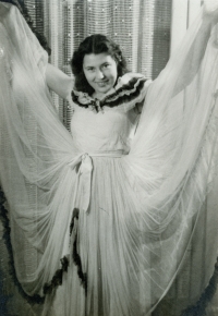 Witness at home in a hand-made dress, Barrandova Street, Plzen, 1946